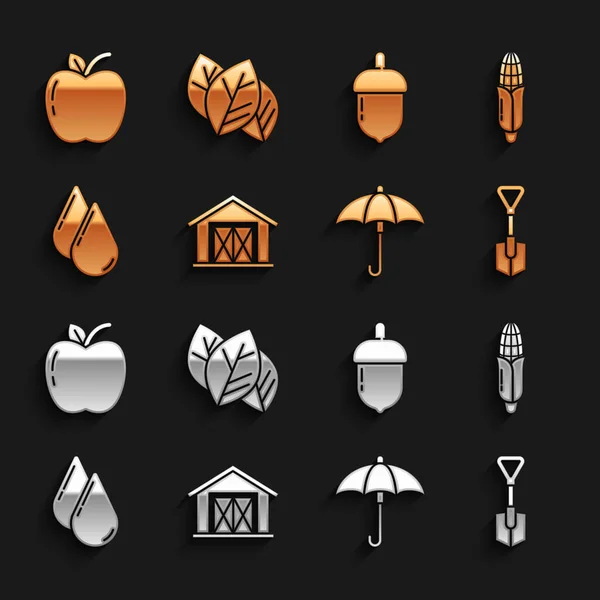 Set Farm house, milho, pá, guarda-chuva, gota de água, milho, maçã e folha folhas ícone. Vetor —  Vetores de Stock