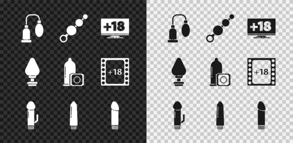 Set Penis pump, Anal beads, Monitor with 18 plus content, Dildo vibrator, plug and Condom icon. Vector — ストックベクタ