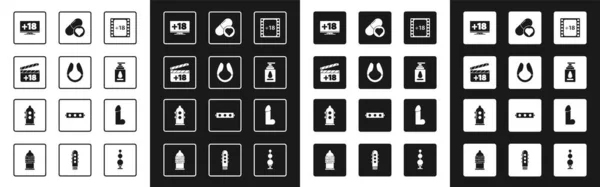 Set Play Video with 18 plus content, Dildo vibrator, Movie clapper, Monitor, Personal lubricant, Pills for potency, aphrodisiac, and Condom icon. Vector — Image vectorielle