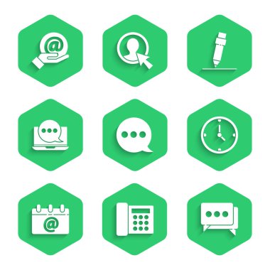 Konuşma baloncuğu sohbetini, Telefon, Saat, E- posta ile takvim, Sohbet ileti bildirim dizüstü bilgisayarı, Kalem silici ve E- postayı el simgesinde ayarla. Vektör