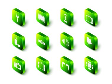 Dizüstü bilgisayar, pil şarj seviyesi göstergesi, Retro TV, sinema kamerası, mikrodevreli işlemci, işlemci hacmi, hoparlör sesi, hava kulaklığı ve grafiksel tablet simgesini ayarla. Vektör