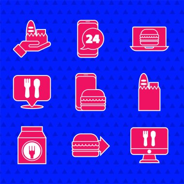 Çevrimiçi sipariş ve teslimat, burger, alışveriş poşeti, kafe restoranının yeri ve ikon. Vektör