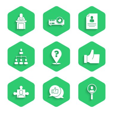 Soru işaretini belirleyin, El gibi, Arama insanları, Proje ekibi tabanı, Hiyerarşi organizasyon şeması, Özgeçmiş ve Sözcü simgesi. Vektör