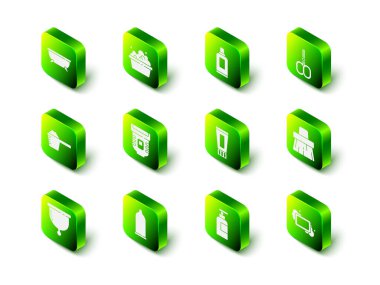 Sabun köpüklü leğen, temizlik malzemesi şişesi, tırnak makası, süpürge, çubuk, tüp diş macunu, şampuan ve kondom ikonu. Vektör