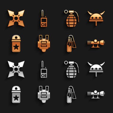Kurşun geçirmez yelek, boynuzlu kasklı Viking, keskin nişancı optik görüşü, Kokteyl molotof, Chevron, El bombası, Japon ninja shuriken ve telsiz ikonu. Vektör