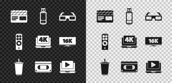 Set Filmklöppel, USB-Stick, 3D-Kinobrille, Papier mit Wasser, VHS-Videokassette, Online-Wiedergabe, Fernbedienung und Laptop 4k-Symbol. Vektor — Stockvektor