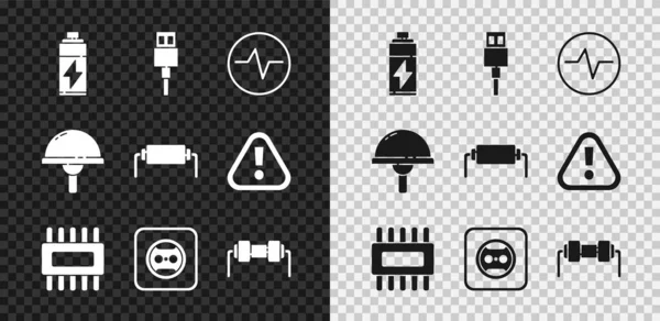 Definir bateria, cabo USB, esquema de circuito elétrico, processador com microcircuitos CPU, tomada elétrica, eletricidade de resistência, diodo emissor de luz e ícone. Vetor —  Vetores de Stock