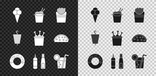 Set Helado en cono de gofre, fideos asiáticos y palillos, papas fritas caja de papas fritas, rosquilla, botella de salsa, cóctel, shish kebab a la parrilla y pollo pierna icono del paquete. Vector — Vector de stock