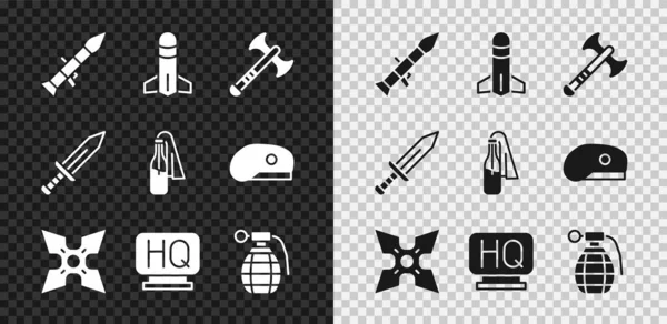 Set Rocket launcher, War axe, Japanese ninja shuriken, Military headquarters, Hand grenade, Sword and Cocktail molotov icon. Vector — Stock Vector