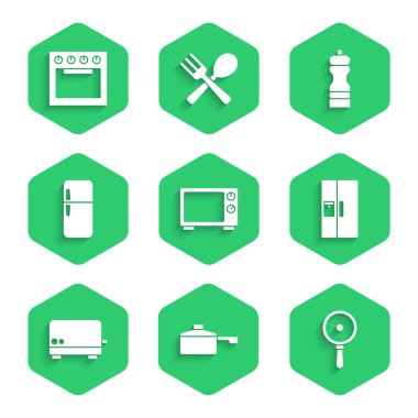 Mikrodalga fırın, kızartma tavası, buzdolabı, tost makinesi, biber ve fırın ikonu hazırla. Vektör