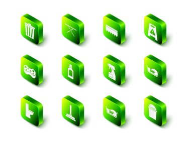 Ütü masası, sünger, ıslak zemin, sıcak yıkama, çöp tenekesi, temizleme sprey şişesi ve plastik pompa ikonu. Vektör