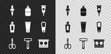 Pipette, Parfüm, Krem veya Losyon Kozmetik tüpü, Makas, Tıraş bıçağı, Göz farı paleti, Şampuan ve ikon şişesi. Vektör