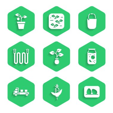Bitki, mısır, tavuk yumurtası, reçel kavanozu, kamyonet, bahçe hortumu, kova ve saksı ikonu. Vektör