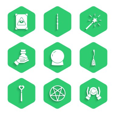 Sihirli top, beş köşeli yıldız, cadı süpürgesi, değnek, iksirli şişe ve Antik büyü kitabı ikonu. Vektör