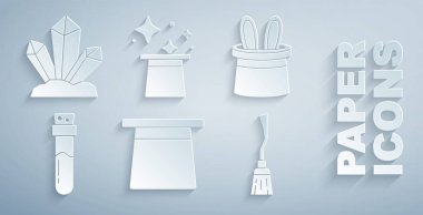 Sihirli şapka, sihirbaz ve tavşan kulakları, iksirli şişe, cadı süpürgesi ve taş ikon. Vektör