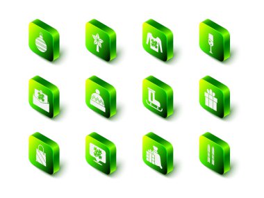 Noel yıldızı, süveter, şampanya, hediye kutusu, kayak ve sopalar, figür patenler, Noel Baba çantası hediyesi ve Kar Tanesi konuşma balonu ikonu. Vektör