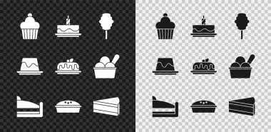 Kek, yanan mumlar, pamuk şeker, kek, ev yapımı turta, puding kreması ve ikon. Vektör