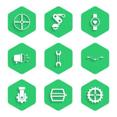 İngiliz anahtarı, bisiklet pedalı, sproket kolu, gidon, Derailleur bisiklet arka lambası, akıllı saat ve tekerlek ikonu ayarlayın. Vektör