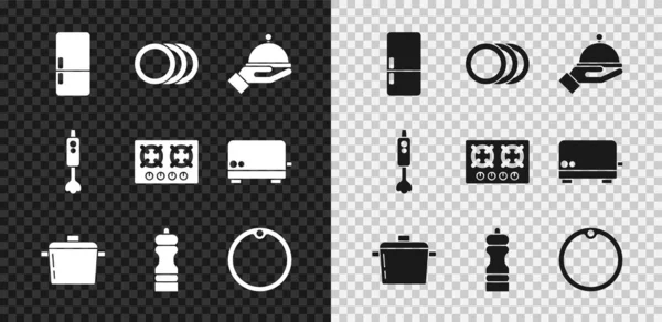 Conjunto de refrigerador, placa, cubierto con bandeja, olla de cocina, pimienta, tabla de cortar, licuadora y estufa de gas icono. Vector — Archivo Imágenes Vectoriales