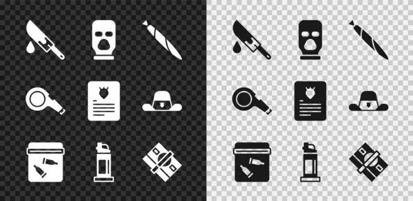 Set Bloody knife, Balaclava, Marijuana joint, Evidence bag with bullet, Pepper spray, Stacks paper money cash, Whistle and The arrest warrant icon. Vector — Stock Vector