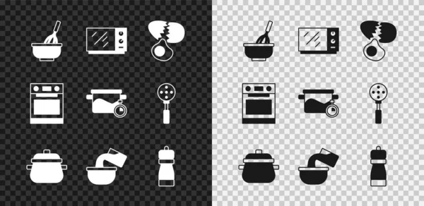 Set Batidor de cocina con cuenco, Horno microondas, Huevo roto, olla, cacerola, Pimienta, Horno e icono. Vector — Archivo Imágenes Vectoriales