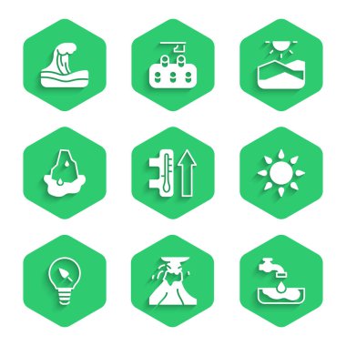 Küresel ısınmayı, volkan patlamasını lav, su problemi, güneş, ampul yaprağı, buzulun erimesini, kuraklığı ve tsunami ikonunu ayarla. Vektör