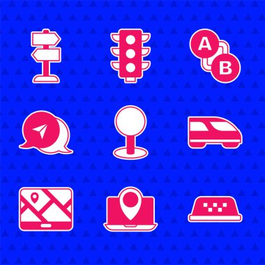 Push pimi, konum işaretli dizüstü bilgisayar, yüksek hızlı tren, şehir haritası navigasyonu, Infographic City, Route ve Road trafik işareti simgesi. Vektör