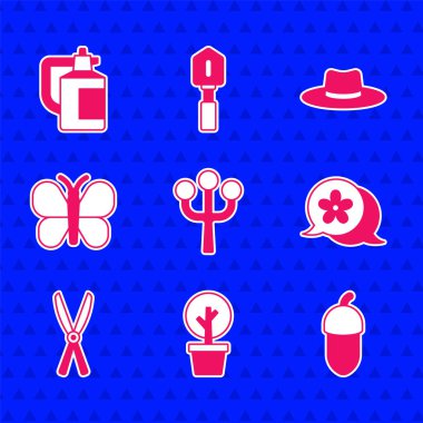 Çiçek ağacı dalı, Orman, Palamut, Çiçek, Bahçıvan el yapımı makas, Kelebek, gübre ikonu için bahçıvan şapkası ve sprey. Vektör