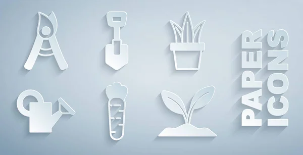 Havuç, saksıda bitki, su kovası, filiz, kürek ve bahçe makas ikonu. Vektör — Stok Vektör