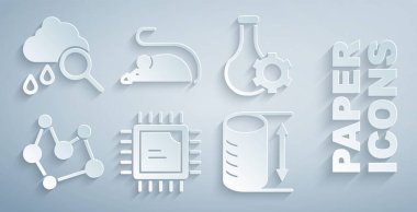 İşlemci işlemcisini, test tüpünü, kimyasal formülü, yükseklik geometrik figürünü, deneysel fareyi ve yağmur simgesiyle Bulut 'u ayarla. Vektör