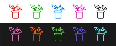 Siyah ve beyaz arkaplanda izole edilmiş çömlek simgesinde çizgi bitkisi oluştur. Tencerede yetişen bir bitki. Saksı bitkisi işareti. Vektör