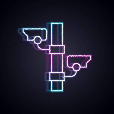 Parlayan neon hat kamera ikonu siyah arkaplanda izole edildi. Vektör