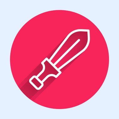 Beyaz çizgili Kılıç oyuncağı ikonu uzun gölge arkaplanı ile izole edildi. Kırmızı daire düğmesi. Vektör