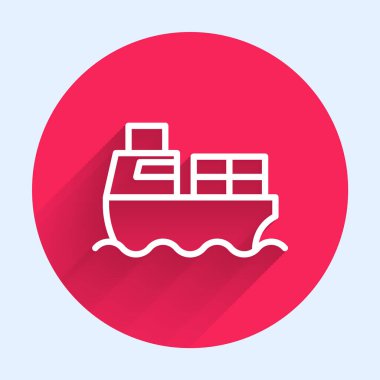 Kutu teslimat simgesine sahip beyaz çizgi kargo gemisi uzun gölge arkaplanlı izole edilmiş. Teslimat, ulaşım. Paketleri, kutuları, malları olan bir şilep. Kırmızı daire düğmesi. Vektör