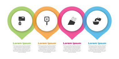 Elektrik mikseri, kızartma tavası, bıçak ve tencereyi hazırla. Ticari bilgi şablonu. Vektör