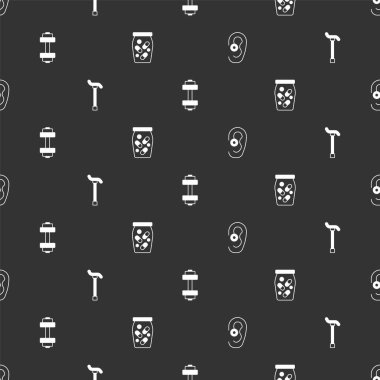 İşitme cihazı, baston bastonu, Dumbbell ve Medicine şişesi ve kusursuz desenli haplar. Vektör