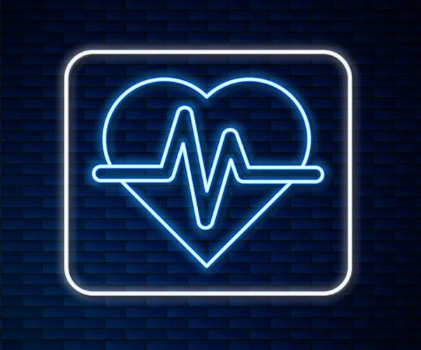 Linea al neon incandescente Icona della frequenza cardiaca isolata su sfondo murale in mattoni. Segno di battito cardiaco. Icona del polso cardiaco. Icona del cardiogramma. Vettore — Vettoriale Stock