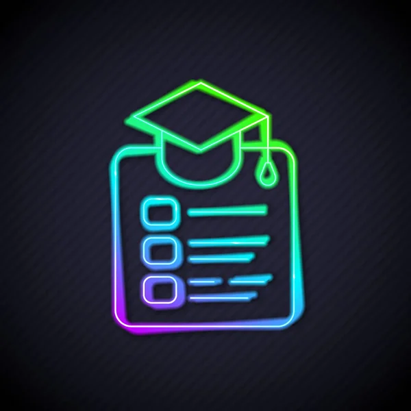 Glowing neon line Online education and graduation icon isolated on black background. Online teacher on monitor. Webinar and video seminar learning. Vector — Stock Vector