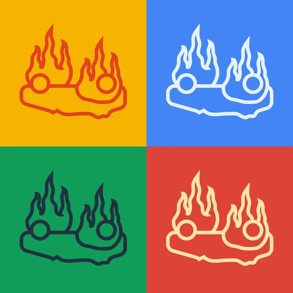 Pop-Art-Linie Brennendes Autosymbol isoliert auf farbigem Hintergrund. Auto in Flammen. Kaputtes Auto mit Feuer und Rauch bedeckt. Vektor — Stockvektor