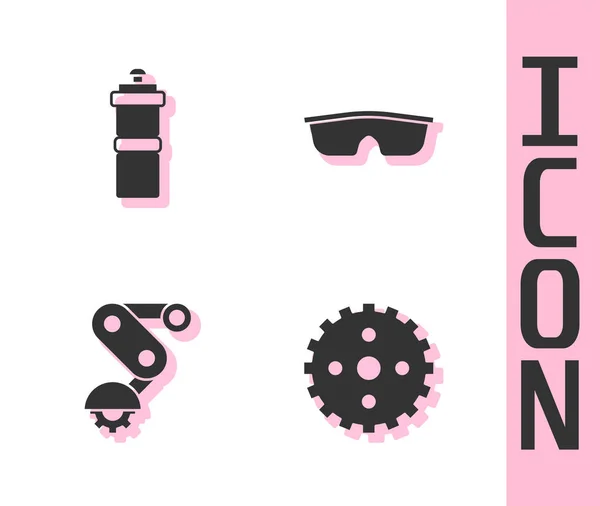 Set Fahrradritzelkurbel, Sportflasche mit Wasser, Schaltwerk Fahrrad hinten und Fahrrad Sonnenbrille Symbol. Vektor — Stockvektor