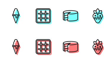 Sabit çizgi pasta, waffle külahında dondurma, waffle ve çilekli çikolata ikonu. Vektör