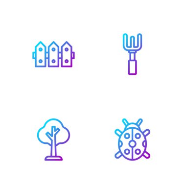 Uğur böceği, orman, bahçe çitleri ahşap ve tırmık. Renk simgeleri. Vektör