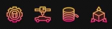 Filament satırını 3D yazıcı, ayar, araba ve Isometric küp için ayarla. Parlayan neon ikonu. Vektör
