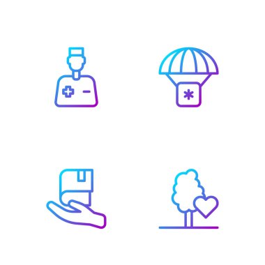 Gönüllü ekip ağaç dikme, kitap bağışı, erkek doktor ve insani yardım hattı oluşturun. Renk simgeleri. Vektör