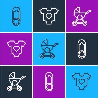 Bebek kıyafetleri broşu, bebek arabası ve ikon. Vektör