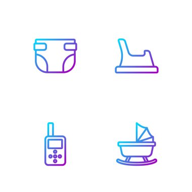 Hattı ayarla, bebek arabası, telsiz, bebek bezi ve lazımlığı takip et. Renk simgeleri. Vektör