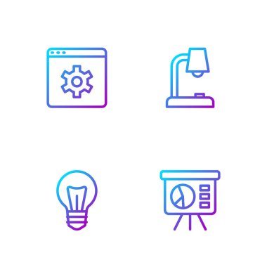 Çizgi tahtasını grafik, ampul, tarayıcı ayarı ve masa lambasıyla ayarla. Renk simgeleri. Vektör