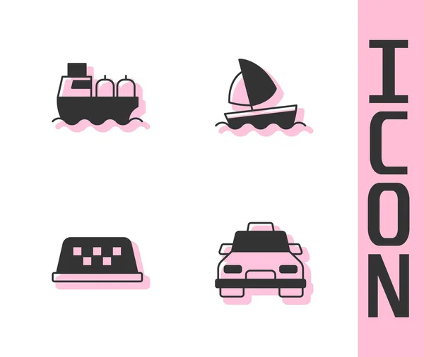 Set Taxi car, Oil tanker ship, roof and Yacht sailboat icon. Vector — Stock Vector