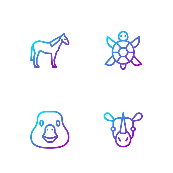 Set line Rinoceronte, Pájaro ganso, Caballo y Tortuga. Iconos de color degradado. Vector — Archivo Imágenes Vectoriales