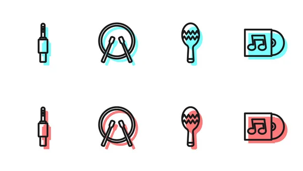 Set line Maracas, Audio jack, Drum and drum sticks and Vinyl disk icon. Вектор — стоковый вектор